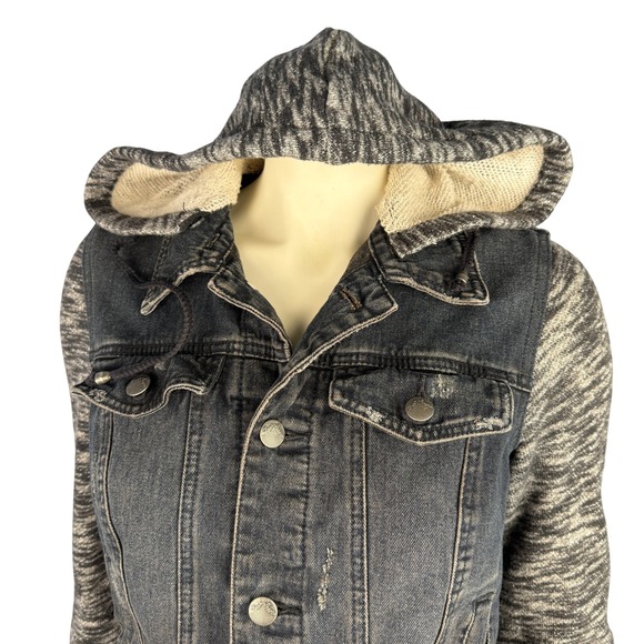 Free People Jacket Small Denim Retro 90s Grunge Distressed Sweatshirt Hoodie - Picture 2 of 11